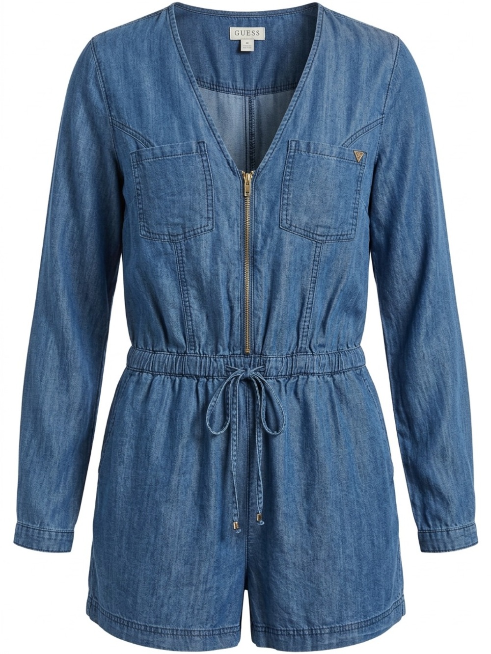 Vintage Guess Blue Lyocell Zip-Front Long-Sleeve Romper